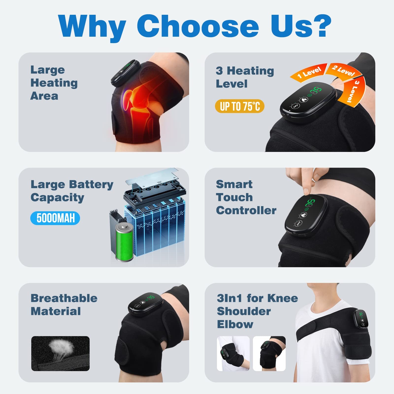 Cordless Knee Massager Shoulder Brace with Heat, 3-In-1 Heated Knee Elbow Should