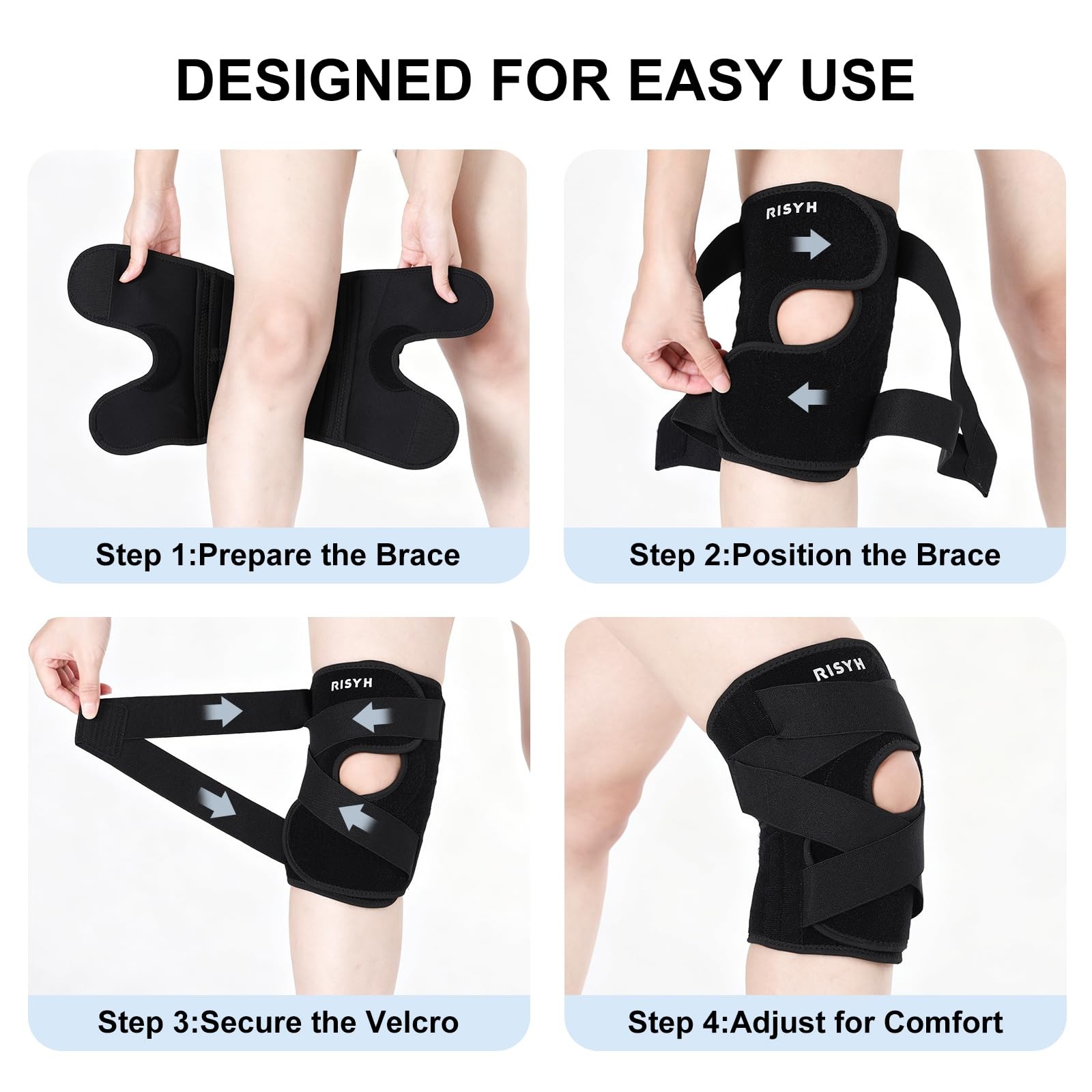 Risyh Knee Brace for Women & Men, Support with Side X-Large, Dark Black