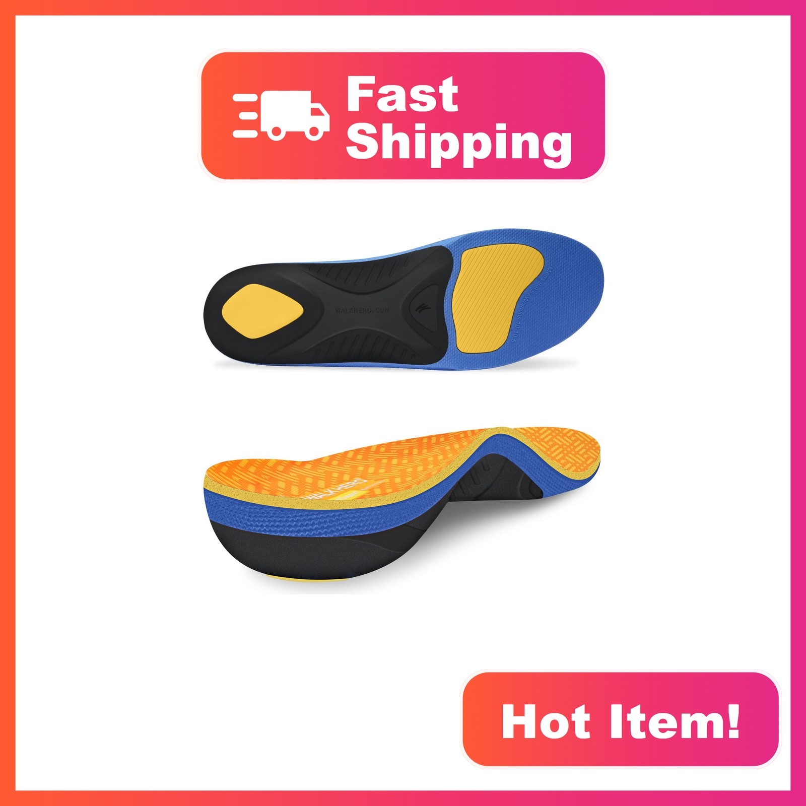WalkHero Plantar Fasciitis Insoles Mens 8-8.5 Womens 10-10.5 Orange