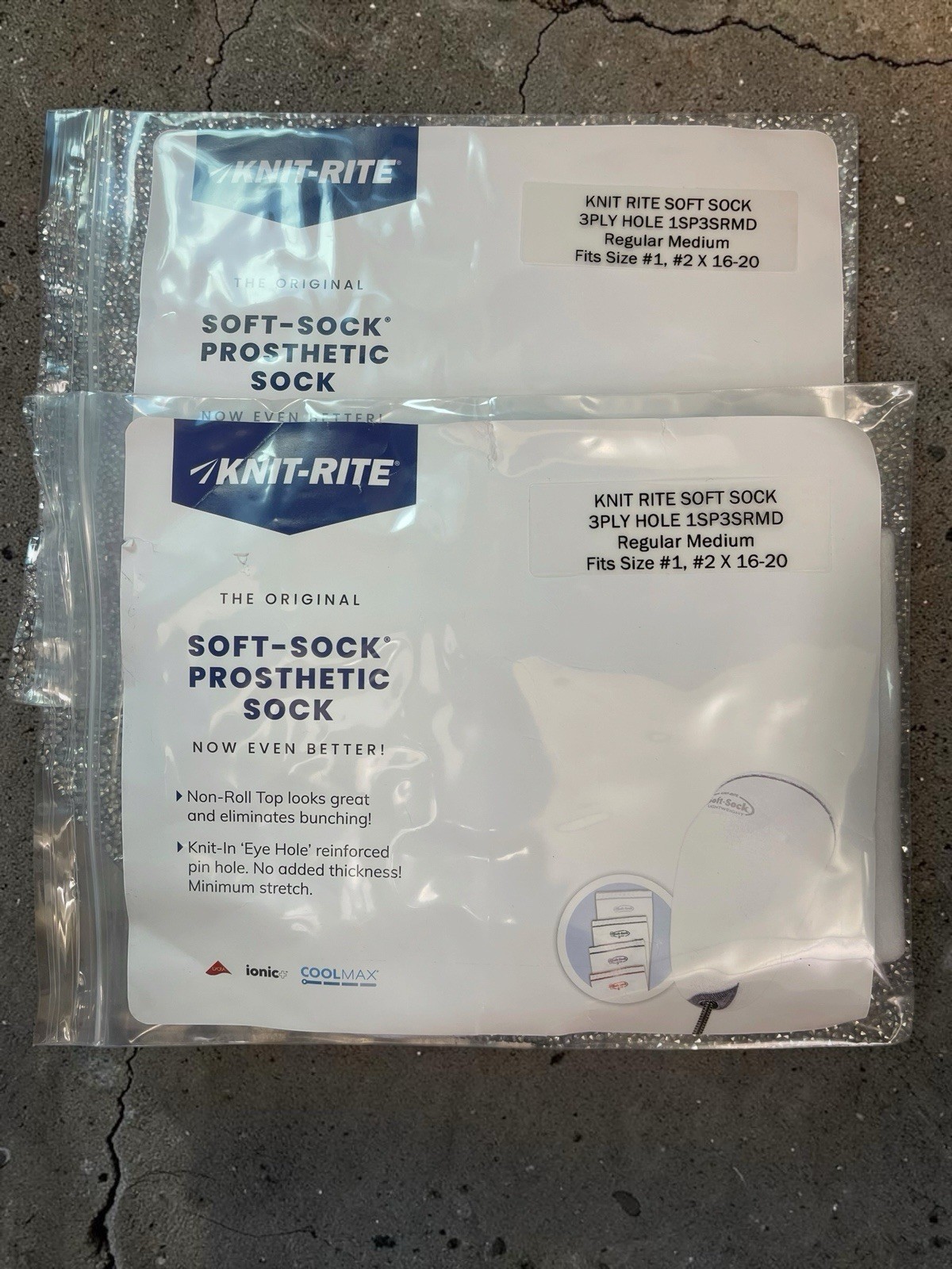 (2) Knit-Rite Prosthetic Soft-Sock Fits 1,2 16-20” 1SP3SRMD 3-ply Non-Roll Hole