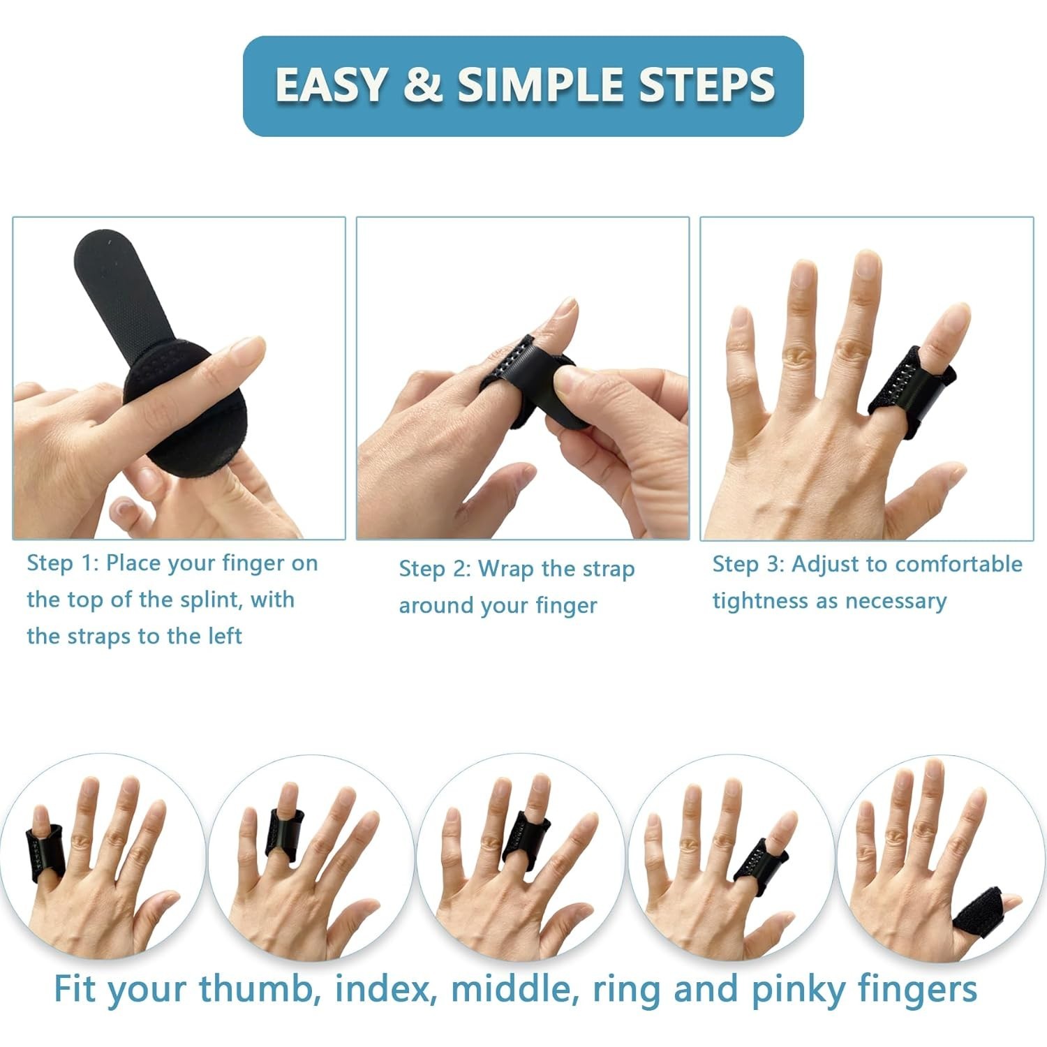 “6-Pack Pinky Finger Splints for Left/Right Hand Adjustable Single-Strap Brace..