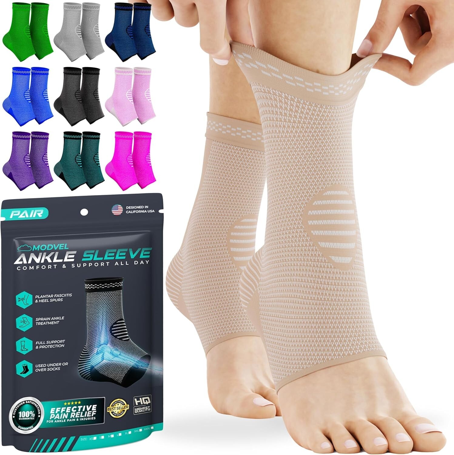 Modvel Ankle Compression Support Sleeve Brace Skin/Nude Pair Size Large NEW!