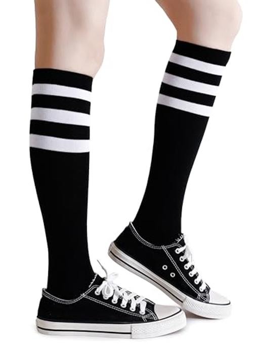 Cotton Knee High Socks Triple Stripes Over the Calf Retro 5-9 A03-black/White
