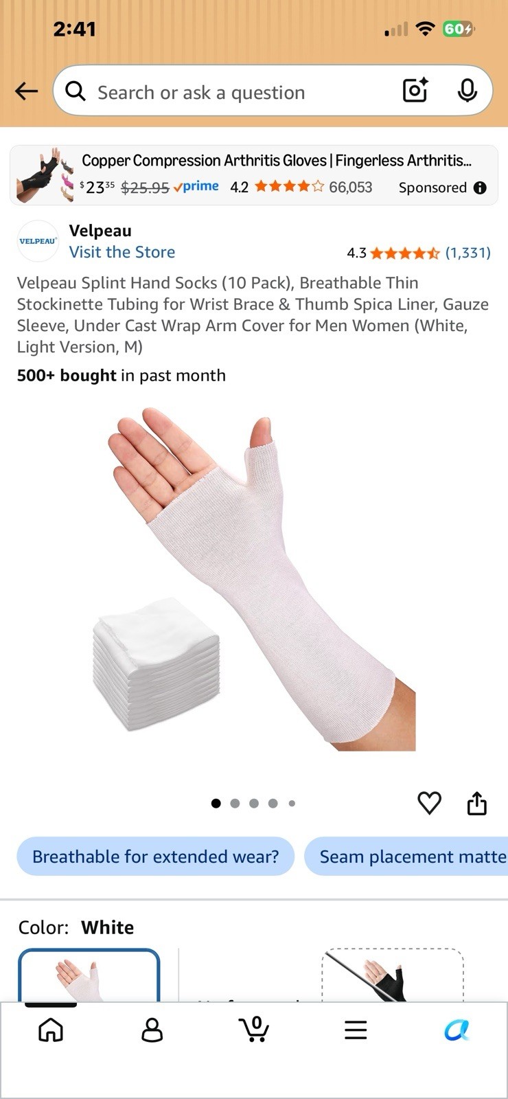 Letssim Splint Stockinette Sleeve for Hand/Wrist/Arm, White, M, Men/Women