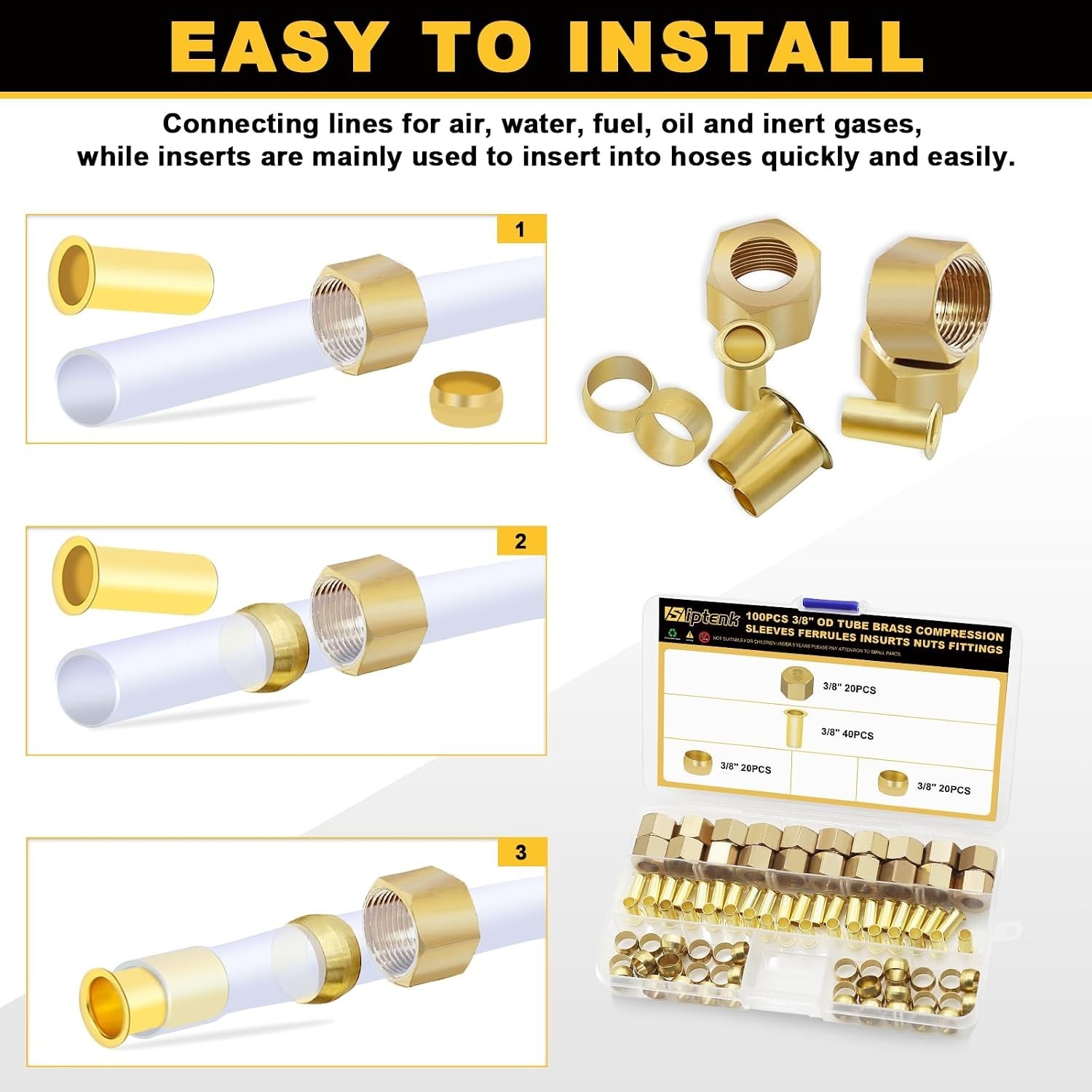 Complete 100PC Brass Compression Fitting Set: Ferrules, Inserts & Nuts Included