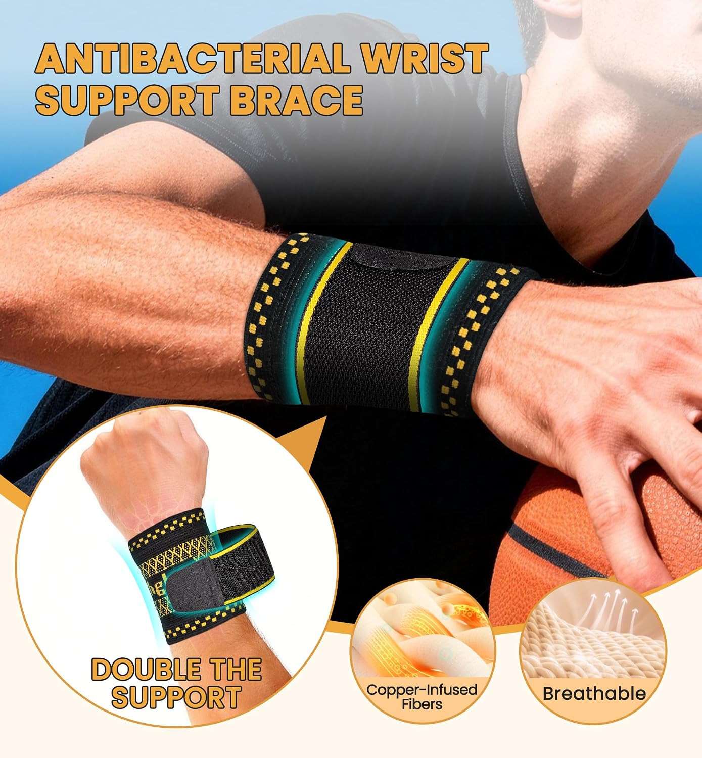 Copper Infused Compression Wrist Support Brace with Adjustable Wrap, Medium | 2-