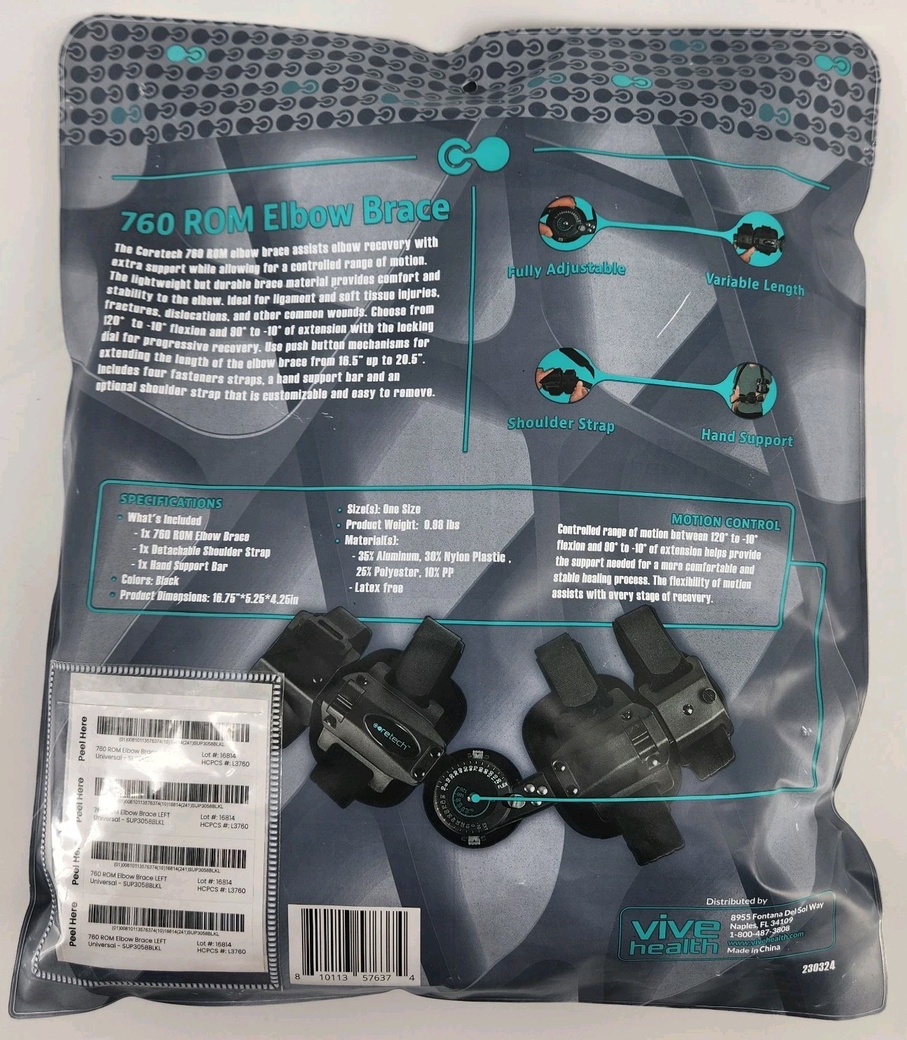 Coretech Vive 760 ROM Elbow Brace LEFT Adjustable Hinged L3760 NEW