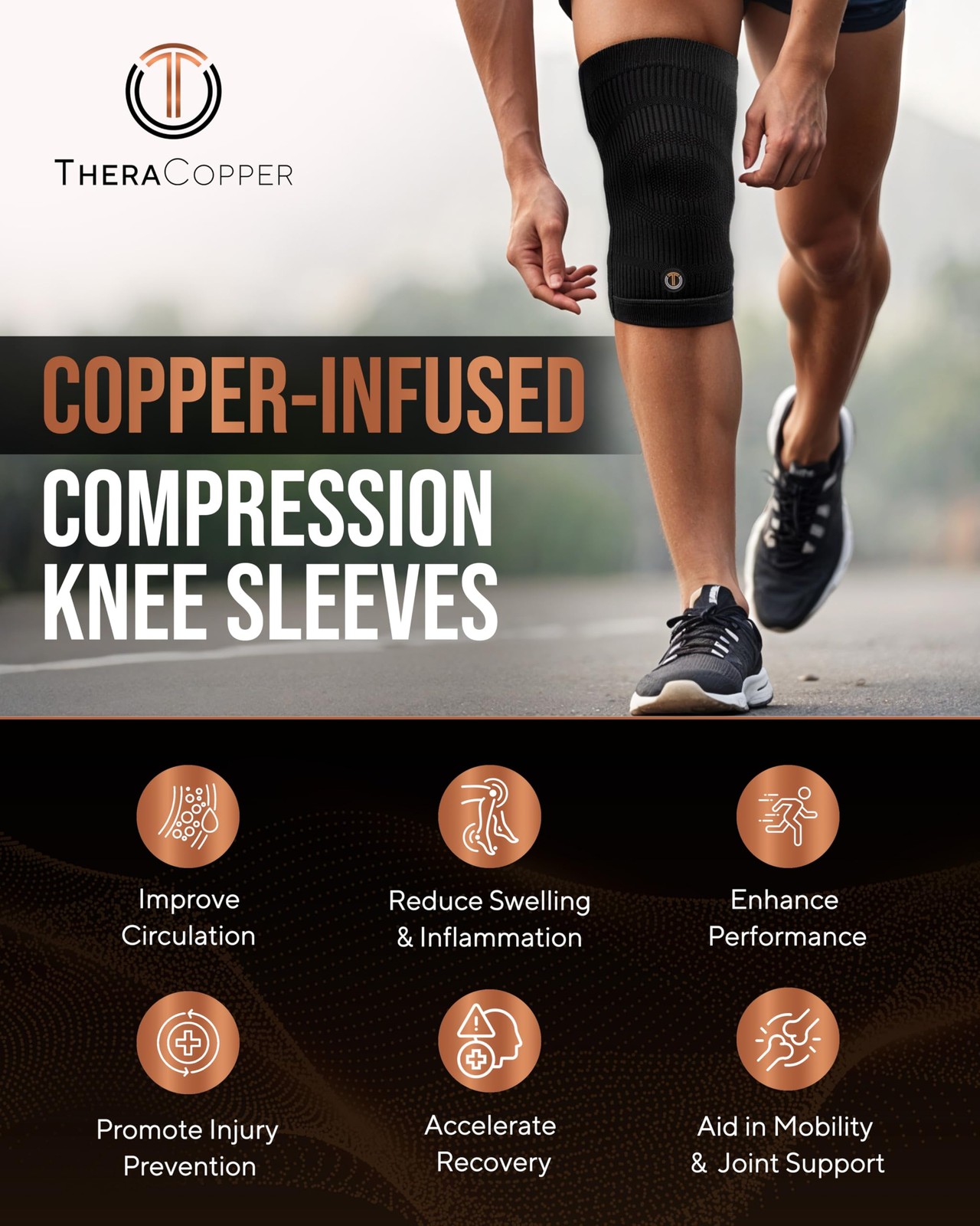 Copper Knee Brace Men Women 2 Pack Non-Slip Compression Sleeve Arthritis Pain