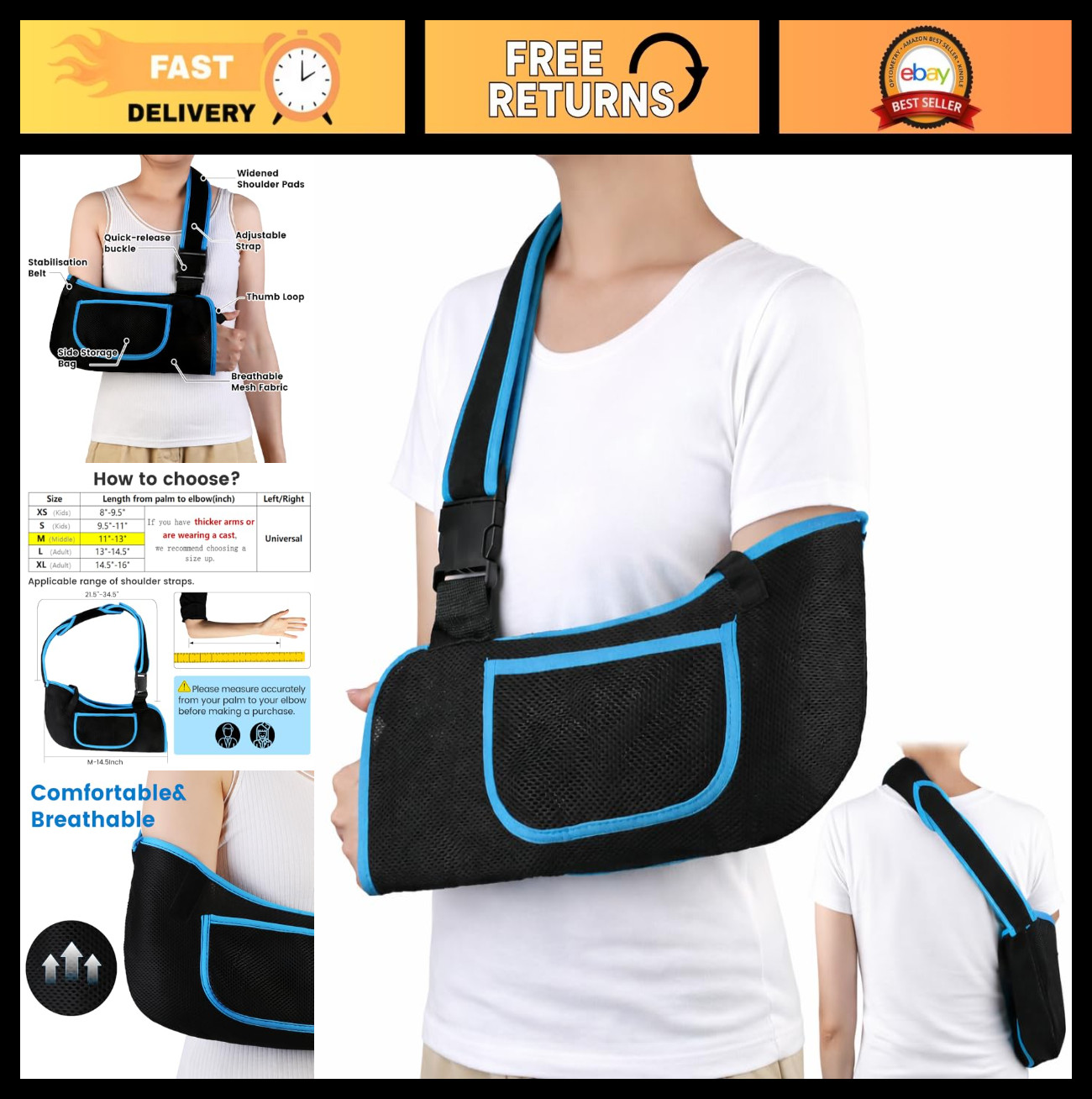 Lightweight Breathable Arm Sling with Adjustable Strap – Shoulder Immobilizer fo