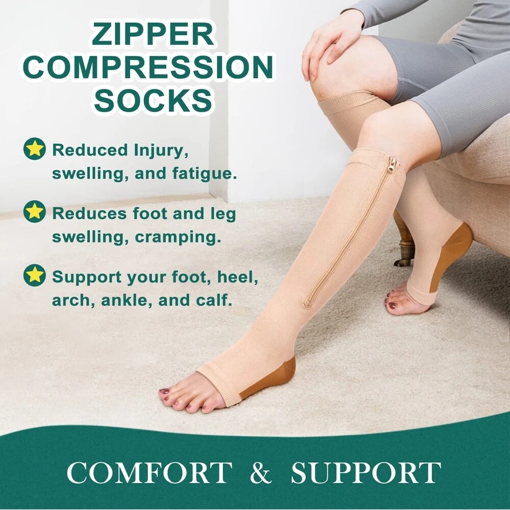 Copper Zipper Compression Socks Supports Stockings Open Toe Men&Women 20-30mmHg