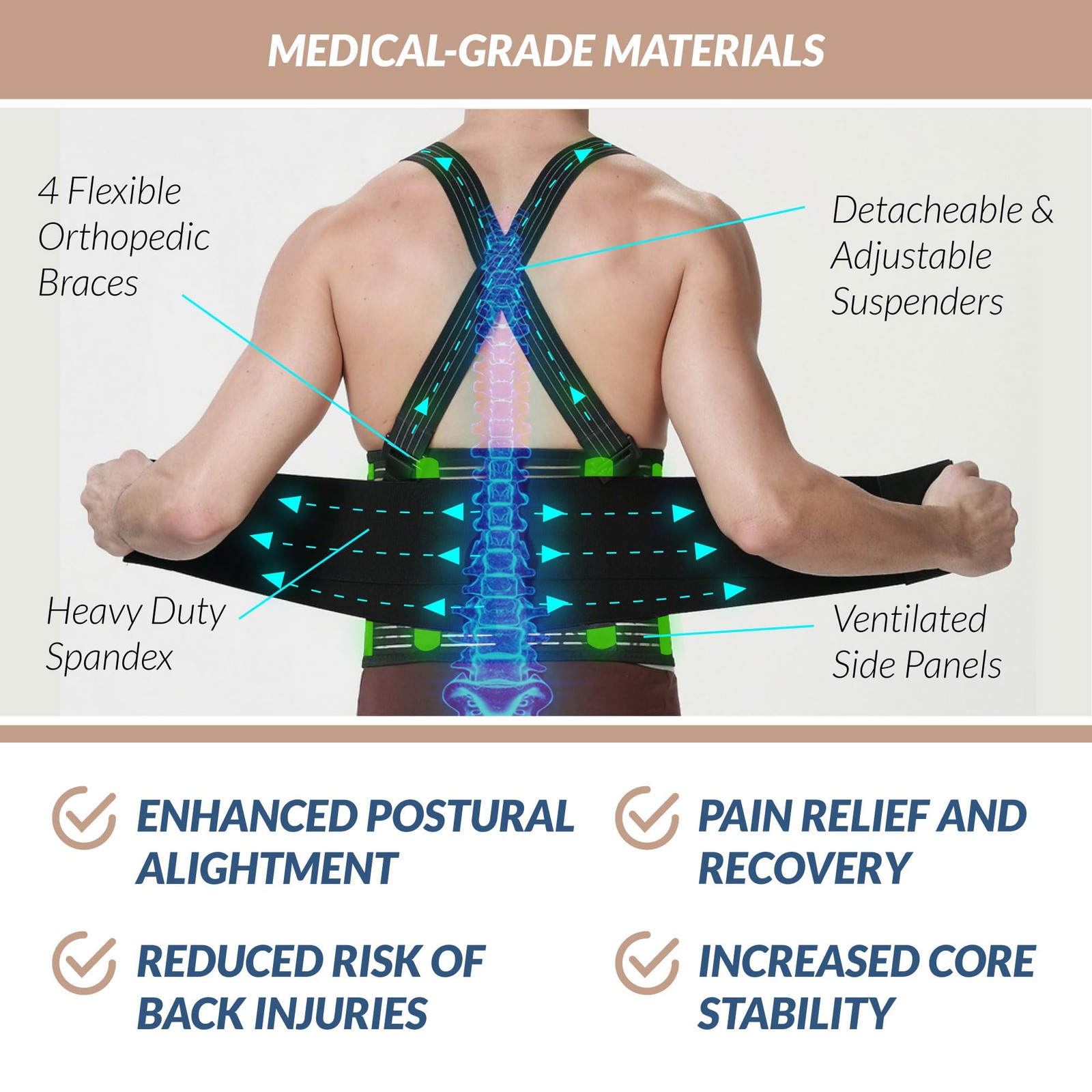 Work Back Brace with Suspenders Adjustable Lumbar Back Support Belt Men & Women