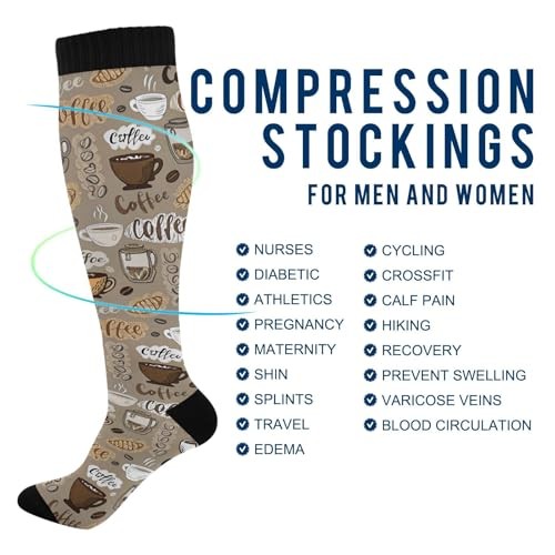 Compression Socks for Women Men, Knee High Athletic Stockings, Coffee Theme