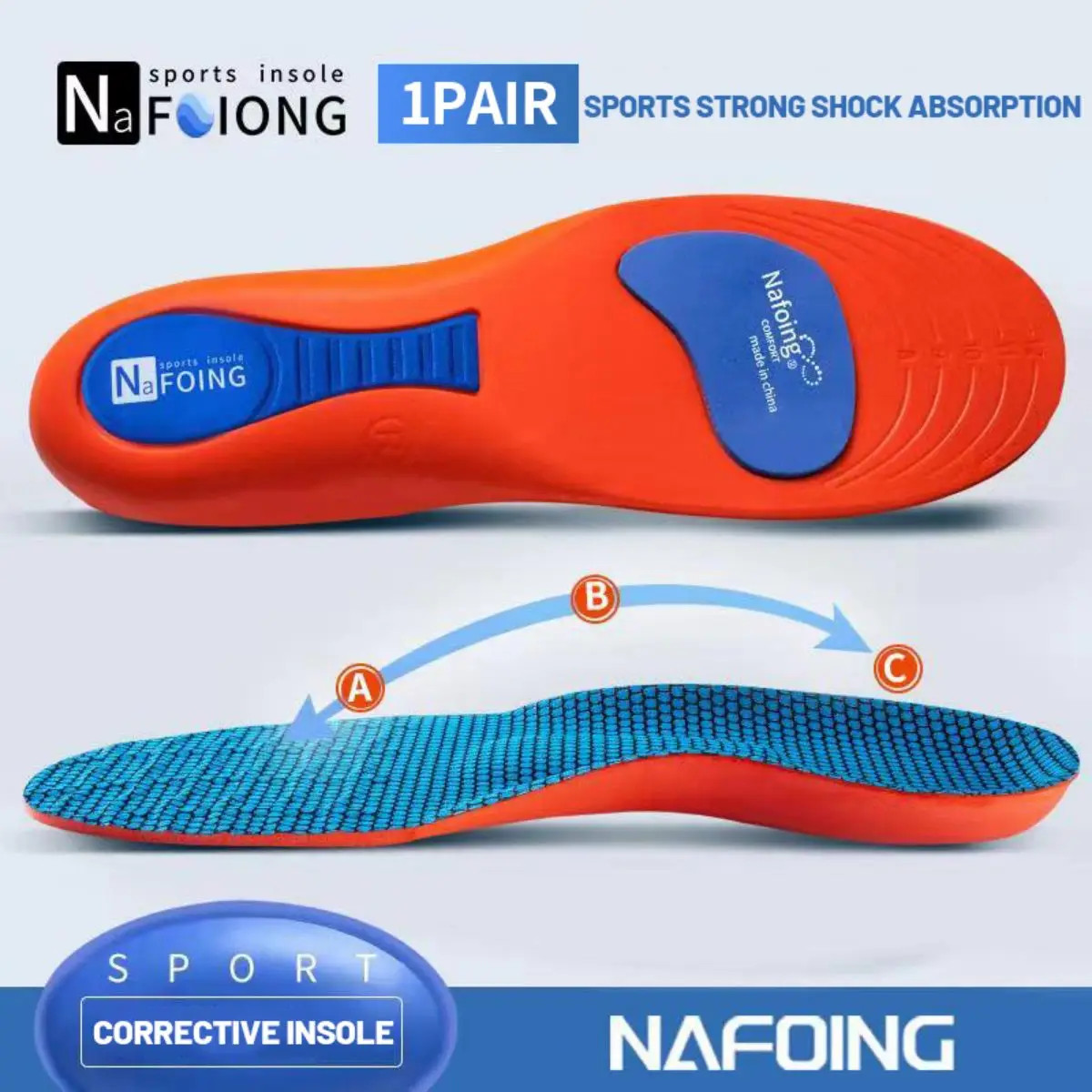 1Pair Sport Insoles for Shoes Orthopedic Shock Absorption Deodorant Breathable C