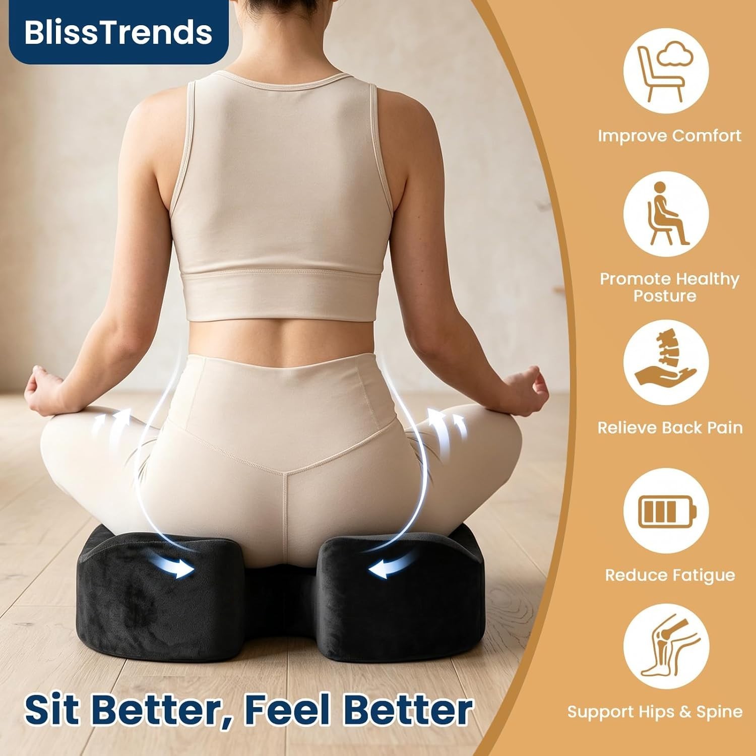 BlissTrends Memory Foam Seat Cushion 4.7in Ergonomic Tailbone Support Black