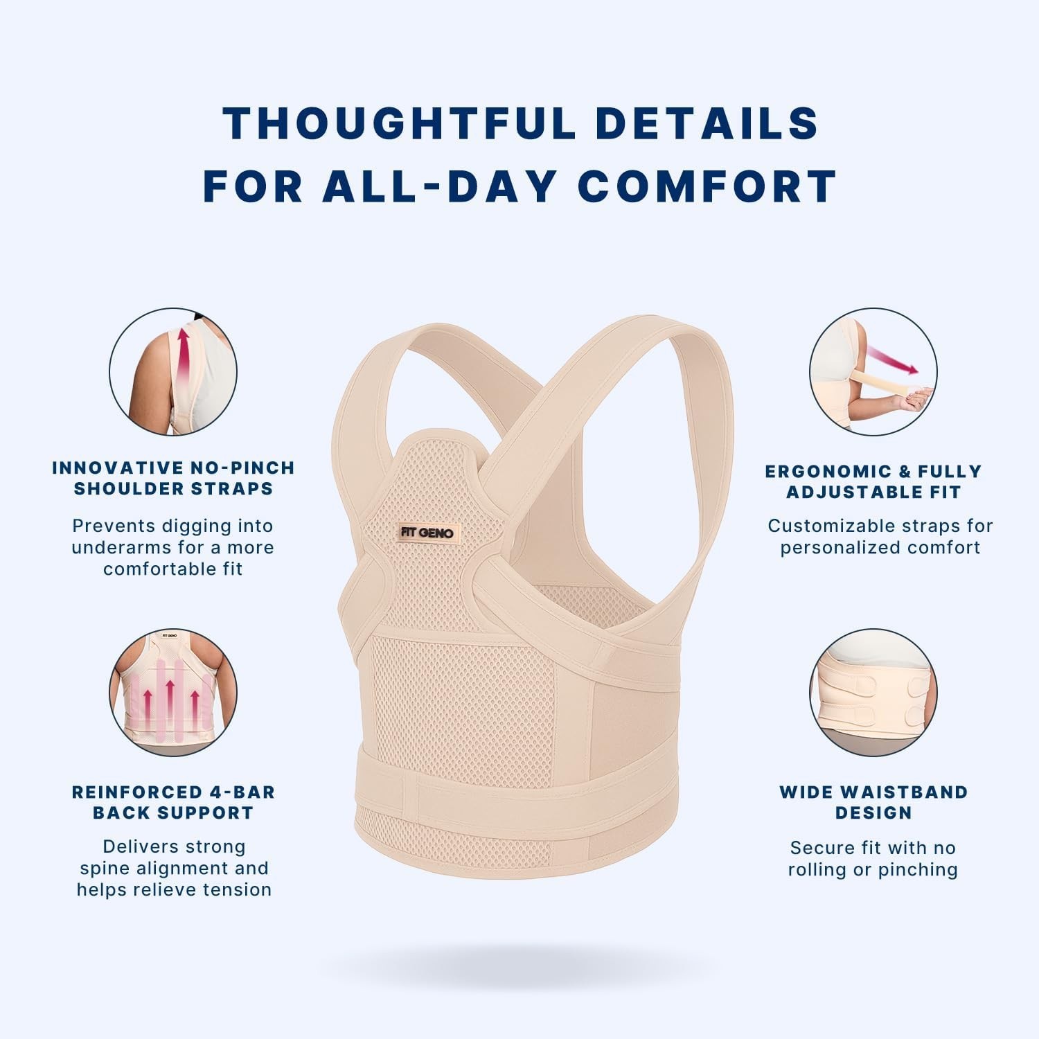 Fit Geno, Back Brace Posture Corrector, Beige, Large