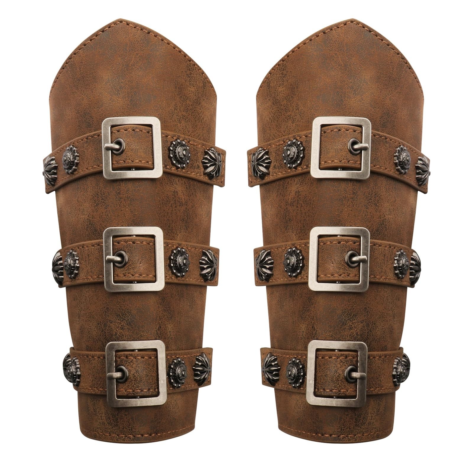 Medieval Leather Arm Bracer Gauntlet Wristband – Brown Buckle Cuffs for Costumes