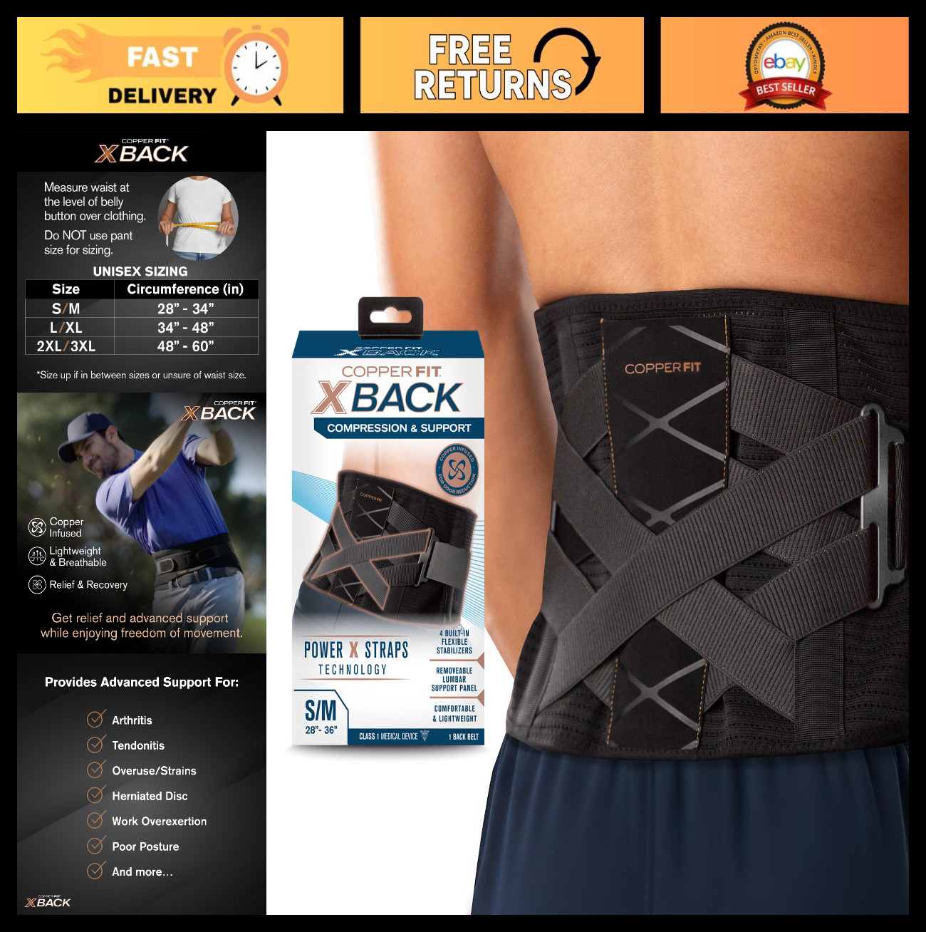 Adjustable Copper Fit X-Back Brace for Lower Back Pain Relief, Lumbar Support, S