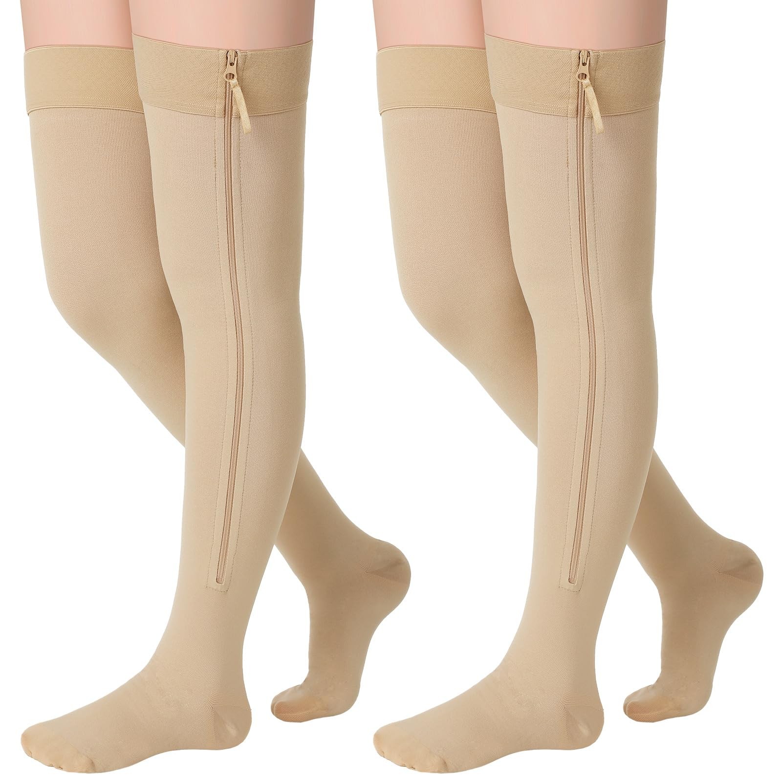 Sosation 2 Pairs Zipper Compression Socks Thigh High 20-30 Mmhg Closed Toe Th…