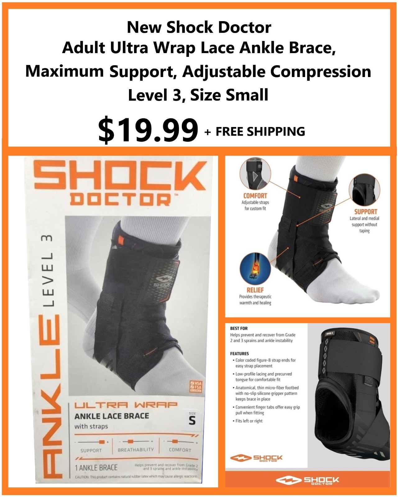 Shock Doctor Level 3 Ankle Adjustable Compression Lace Brace Small 8-8.5”
