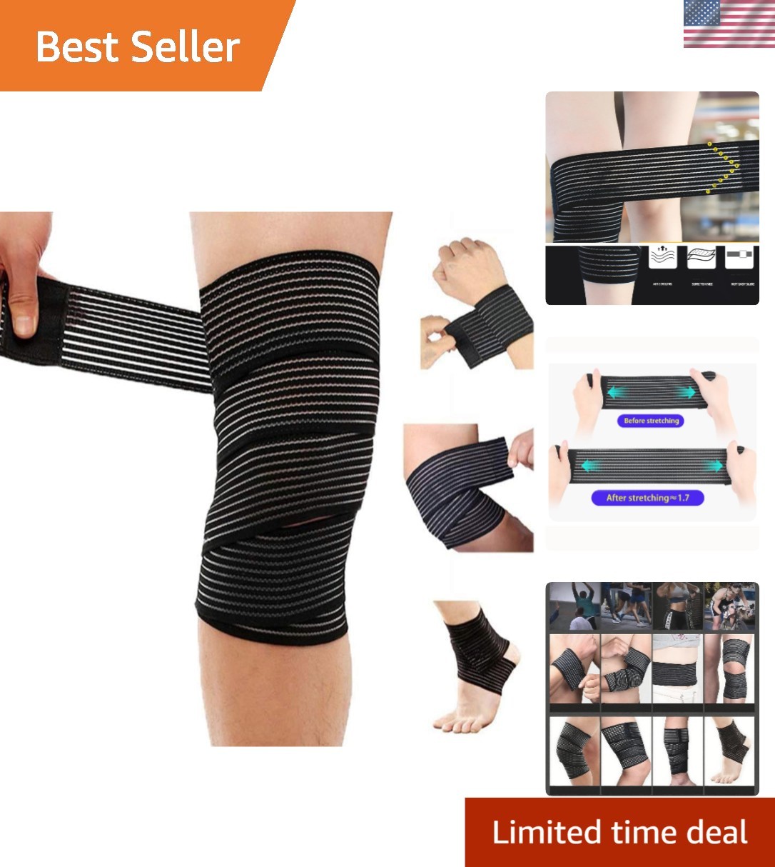 Extra Long Elastic Knee Wrap Compression Support for Joint Pain Relief – 70.8″