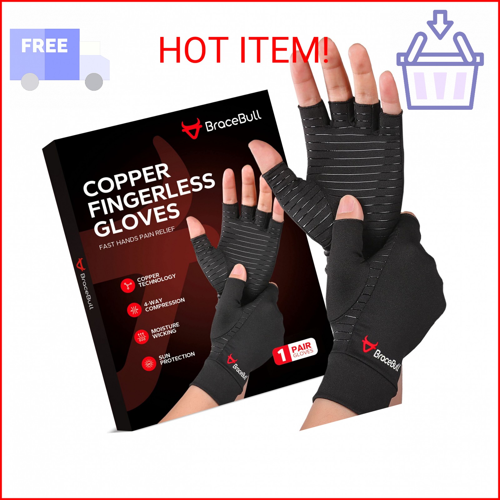 BraceBull Arthritis Gloves (1 Pair), Copper Infused Fingerless Compression Glove