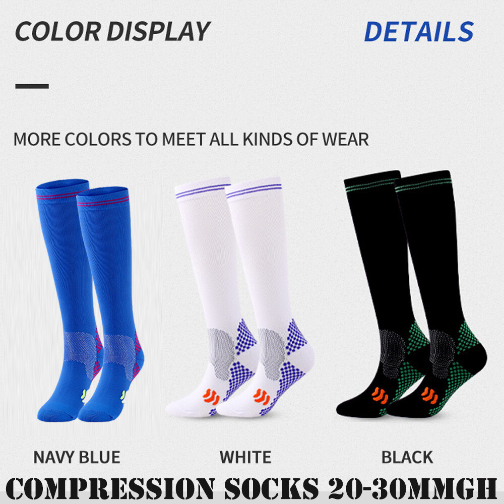 3 Pair Compression Socks Black+Blue+White Blood Circulation Promotion Stockings