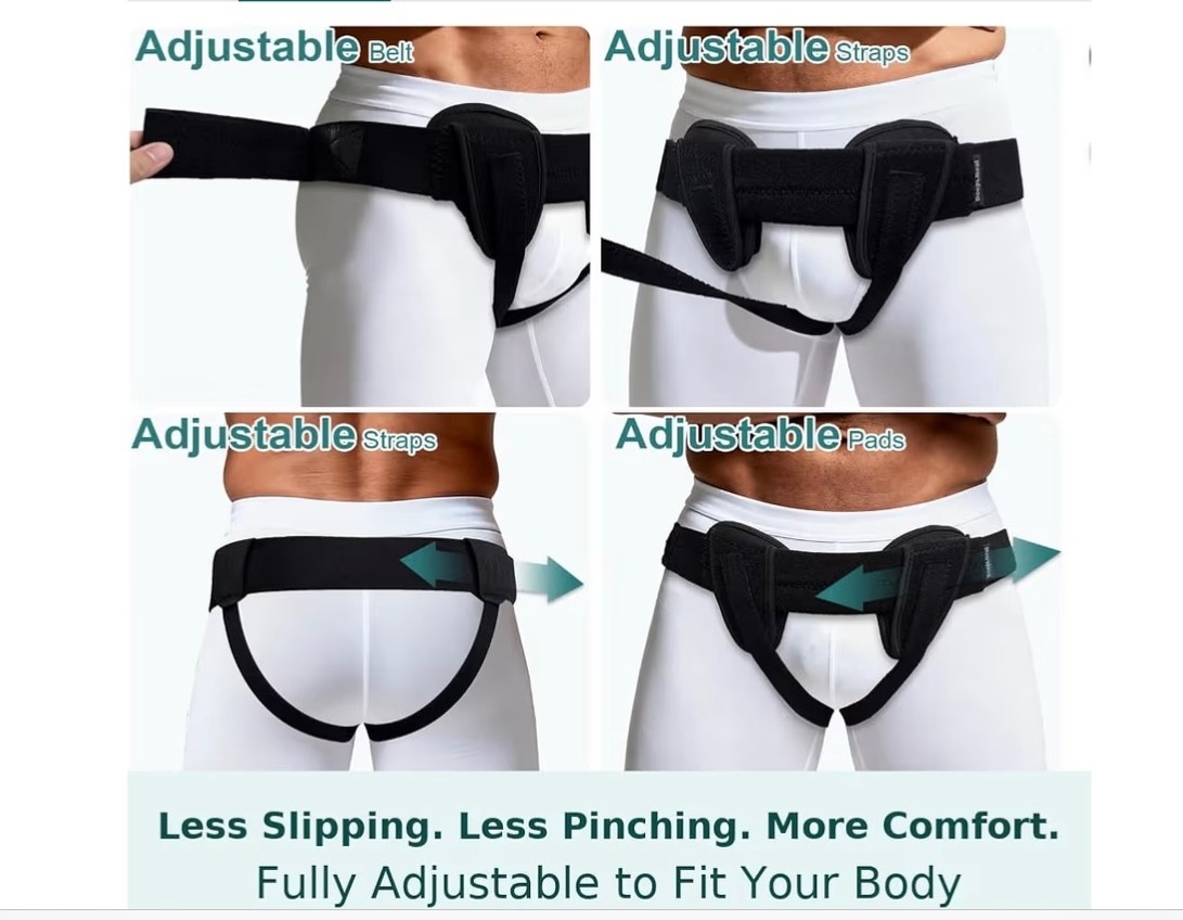 Inguinal Hernia Support Belt Two Removable Pads Trimmable Straps, L, Hips 43″-54