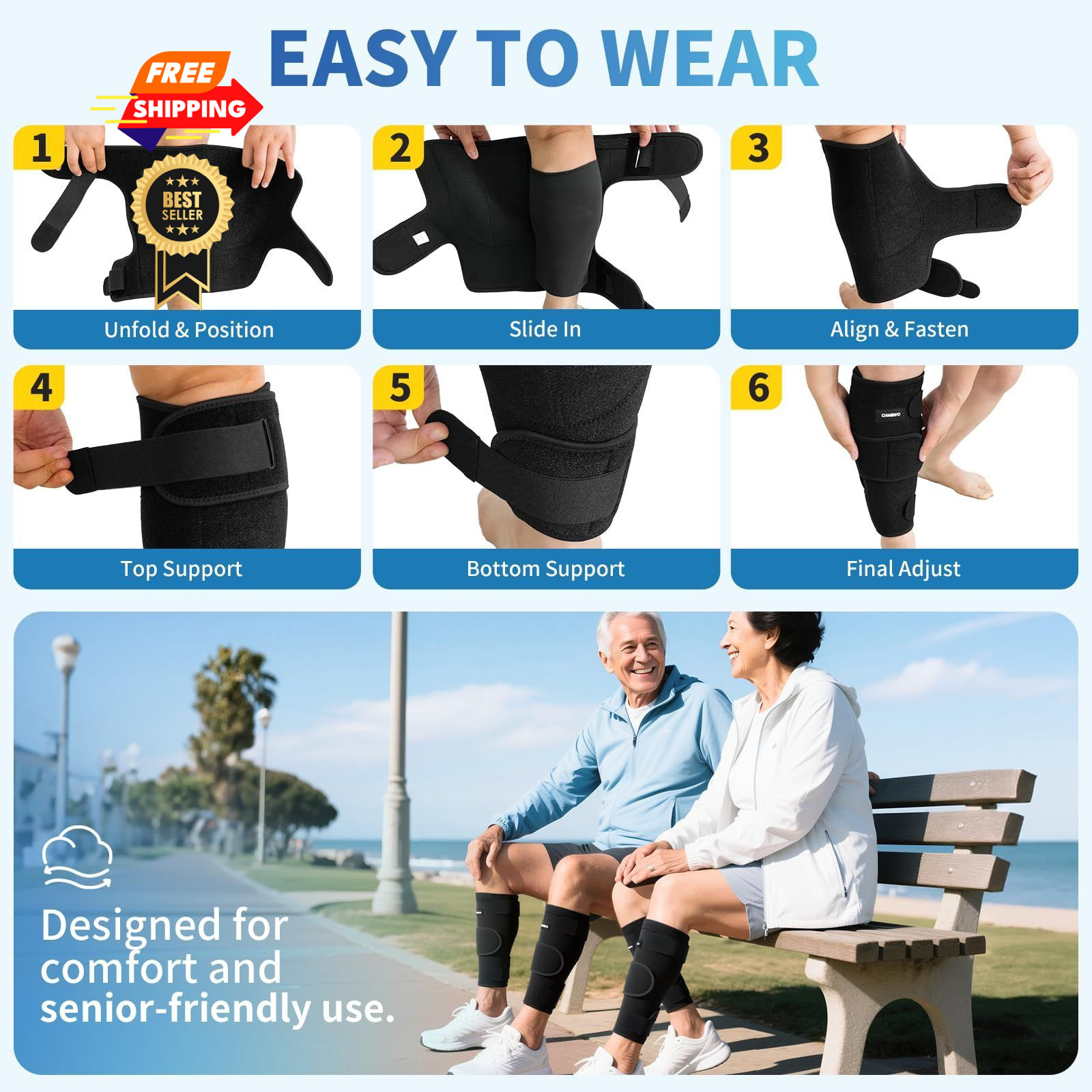 CAMBIVO Calf Brace – Adjustable Compression Sleeve, 2 Pack Medium, Black