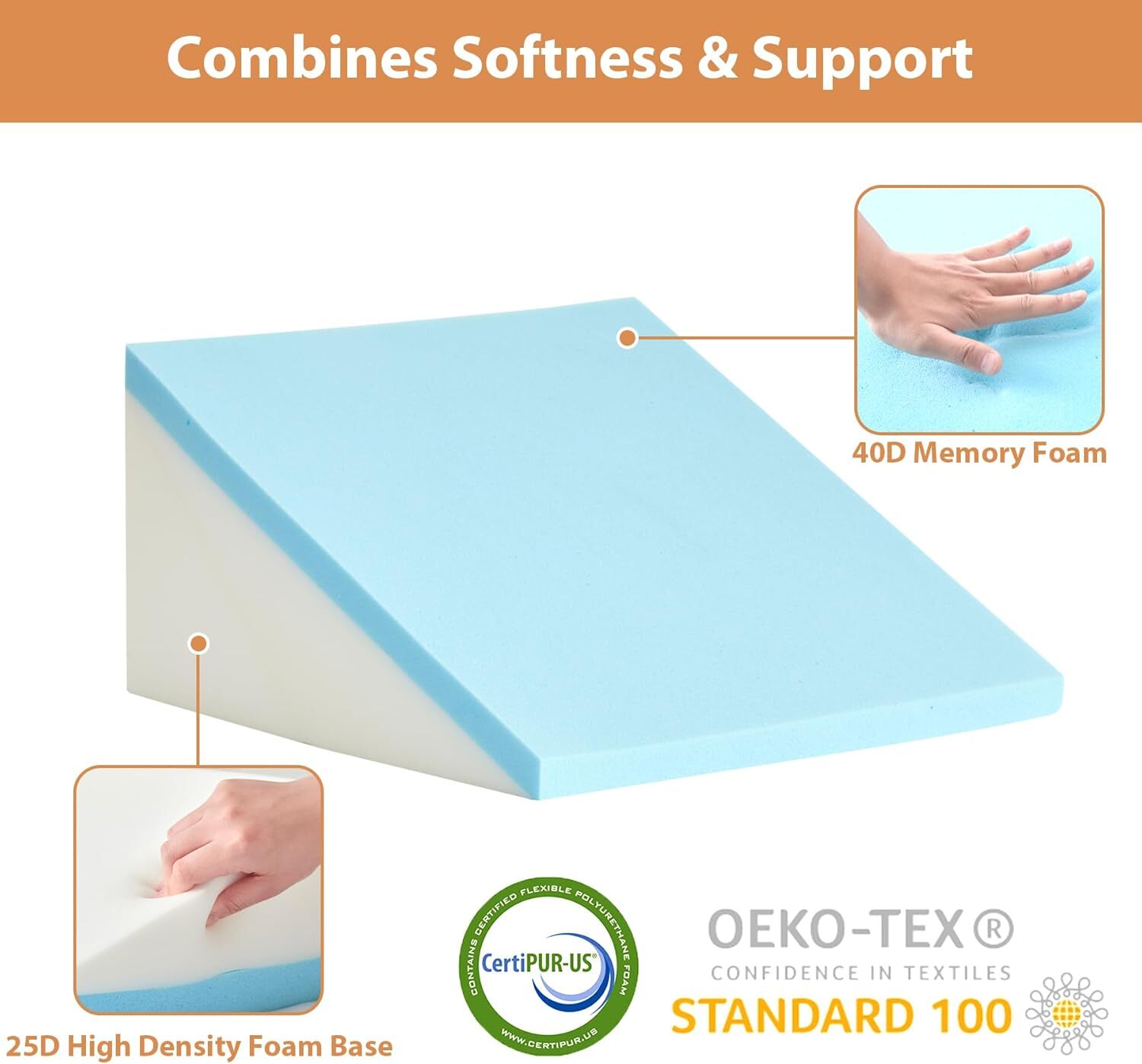 Bed Wedge Pillow for Sleeping 3Pcs, Adjustable Wedge+1 Pillow, White/Grey .
