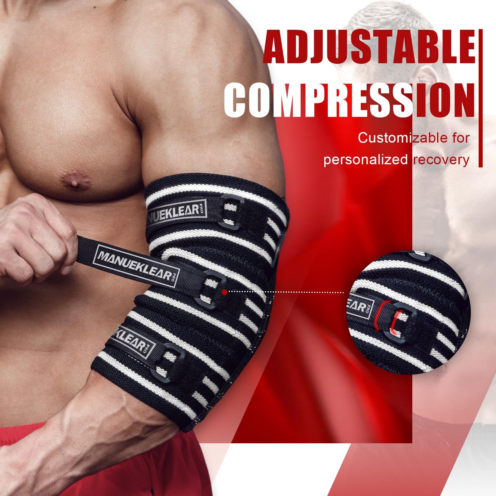 MANUEKLEAR Adjustable Elbow Sleeves for Weightlifting Wraps M 9.4-11 Inch