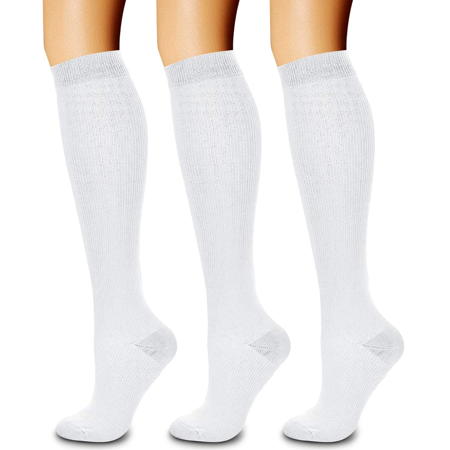 CHMARKING Compression Socks 15~20 mmHg, 3 Pairs, L/XL, White