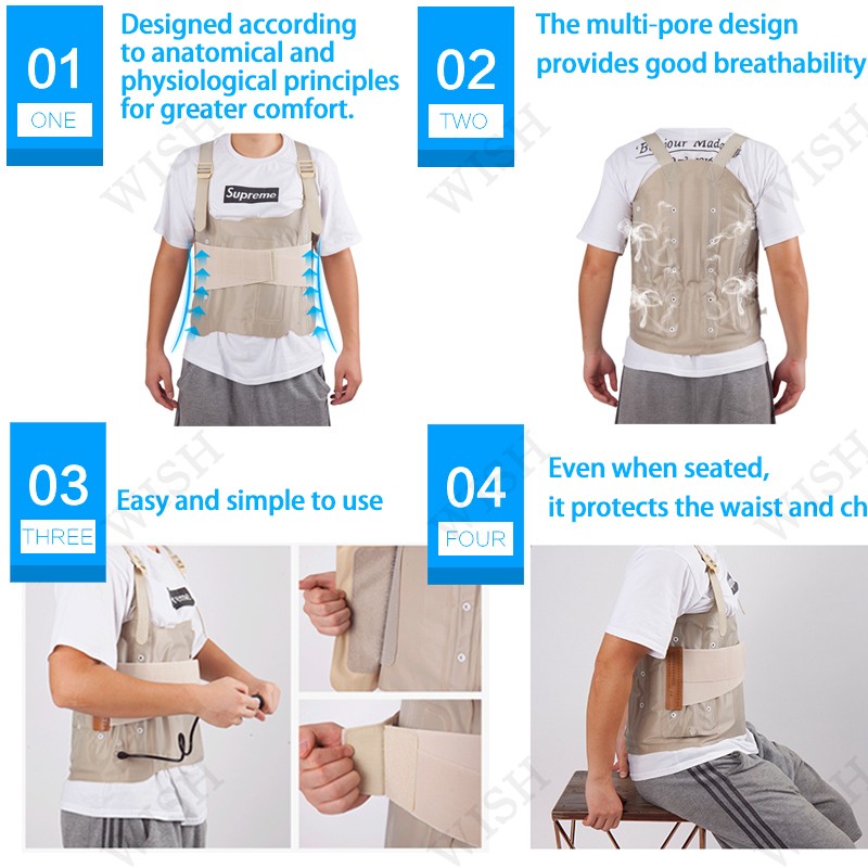 Inflatable lumbar and thoracic spine fixation brace to relieve lower back pain