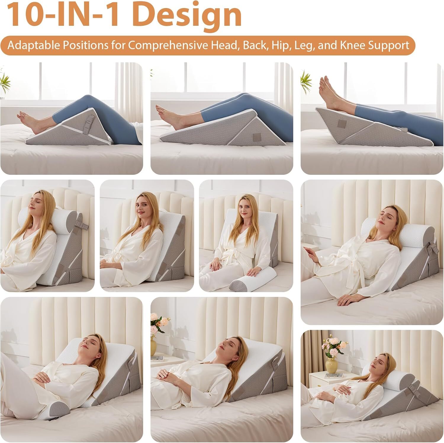 Bed Wedge Pillow for Sleeping 3Pcs, Adjustable Wedge+1 Pillow, White/Grey .