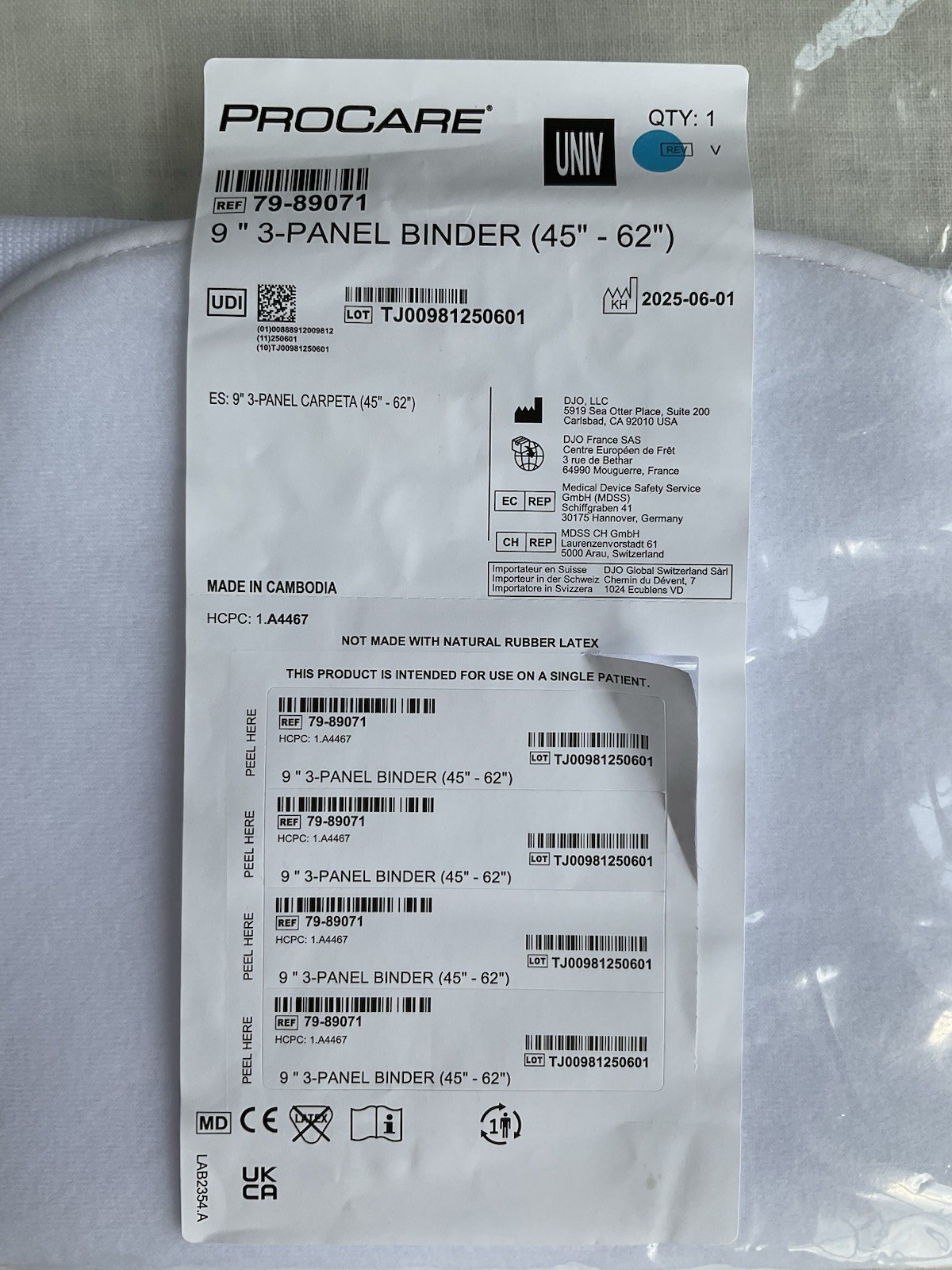 NEW Procare Elastic Compression Binder 9” 3-Panel (45 in to 62 in) SEALED