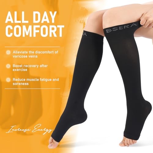 Open Toe Compression Socks for Women Men – 20-30 mmHg Toeless Knee Large Black