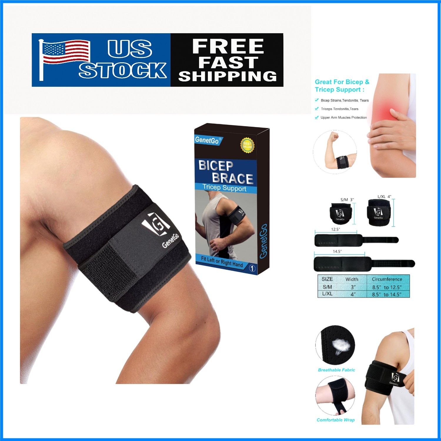 Bicep & Tricep Tendonitis Brace Compression Sleeve – Pain L/XL Width-4″