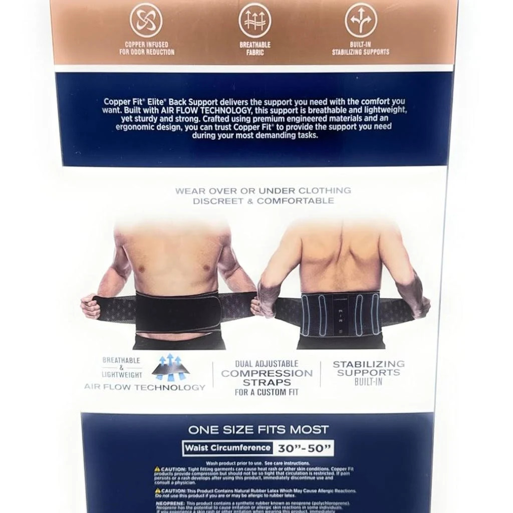 Elite Copper Fit Adjustable Breathable Back Support w/Airflow High Support