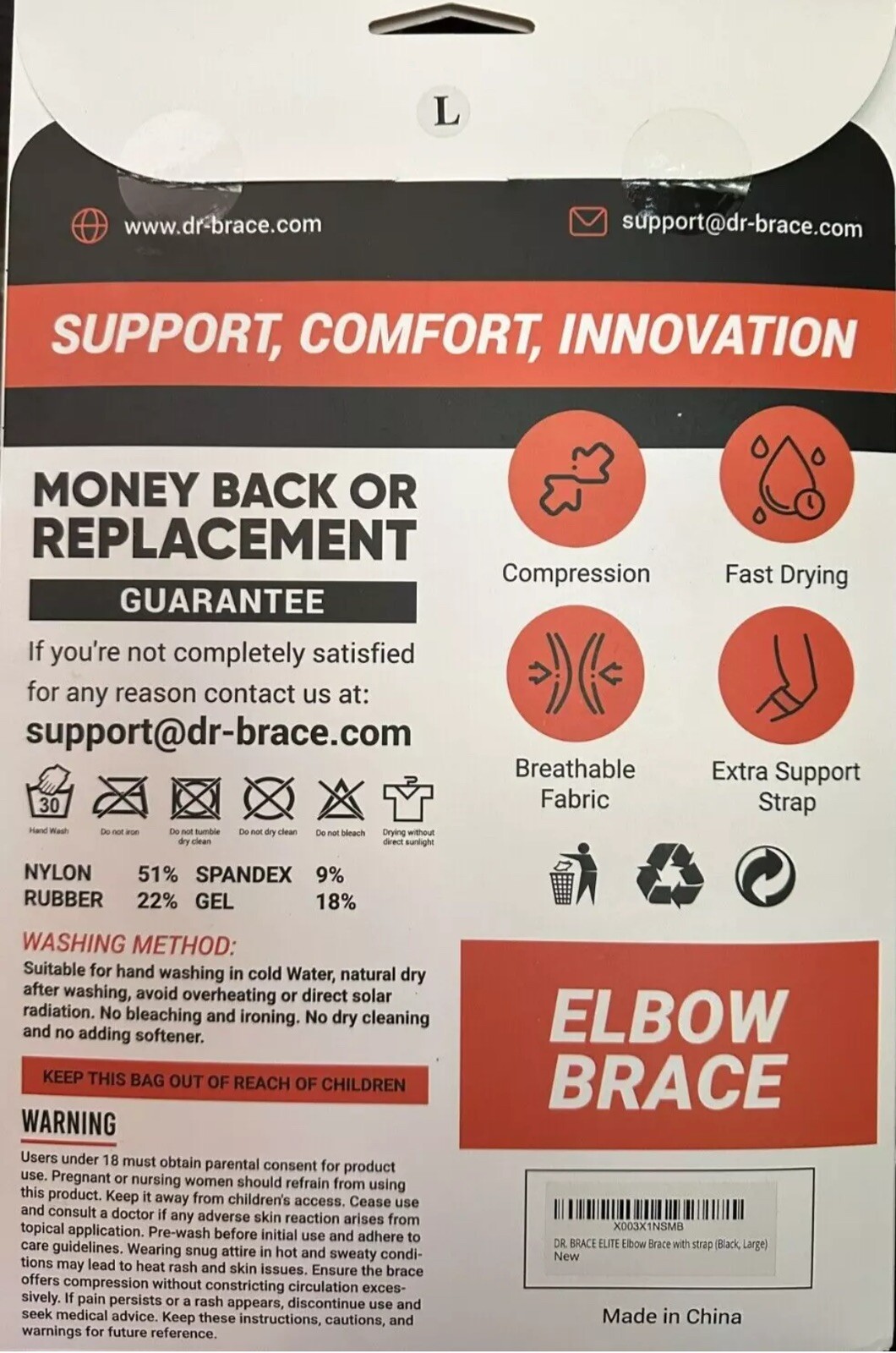 DR. BRACE Gel Padded Elbow Brace w/Removable Strap Compression Pain Relief Large