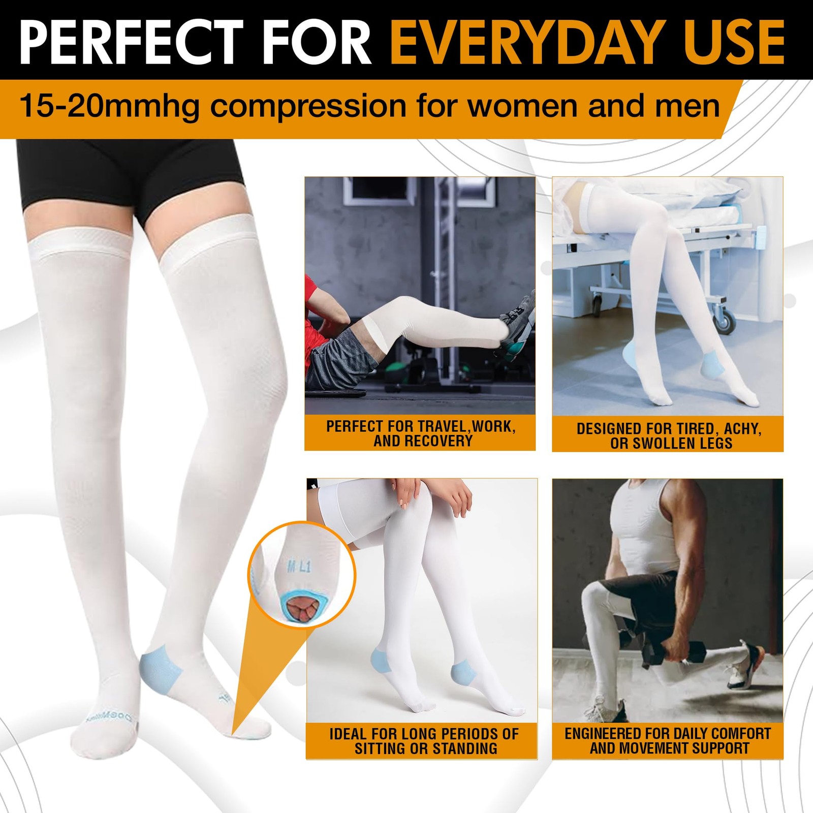 TED Hose Thigh High Anti Embolism Stockings & Men White