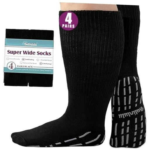 Extra Width Socks for Swollen Feet-4 Pairs Hospital Grip One Size Black