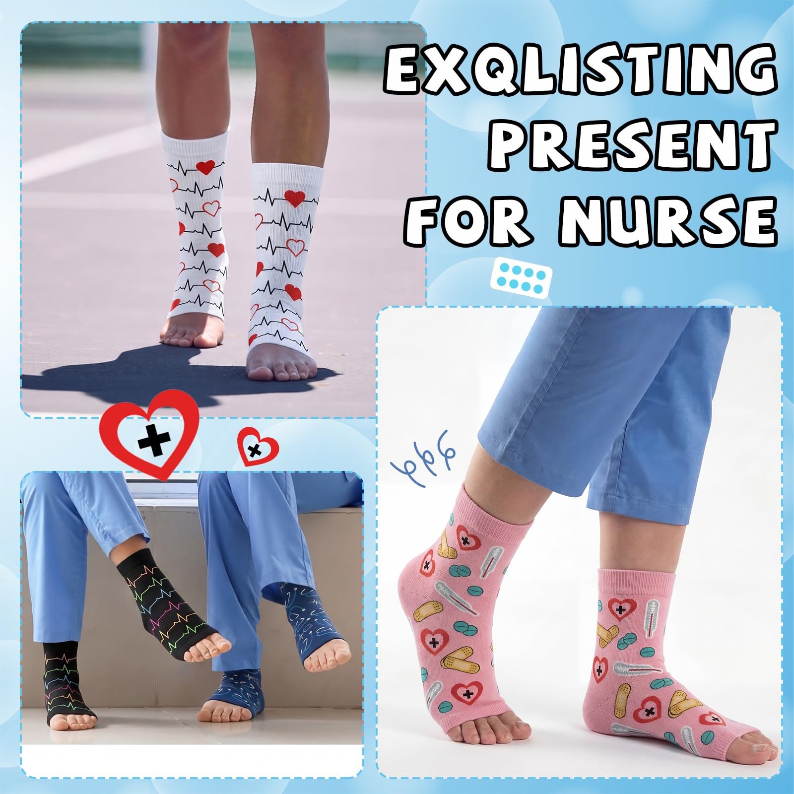 Hercicy 6 Pairs Nurse Plantar Fasciitis Socks one size fits all, multicolor