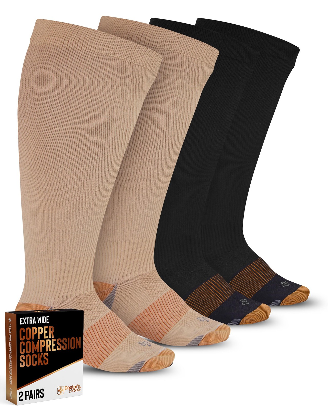 Doctor’s Select Copper Plus Size Compression 3X-Large, Black/Tan – 2 Pairs