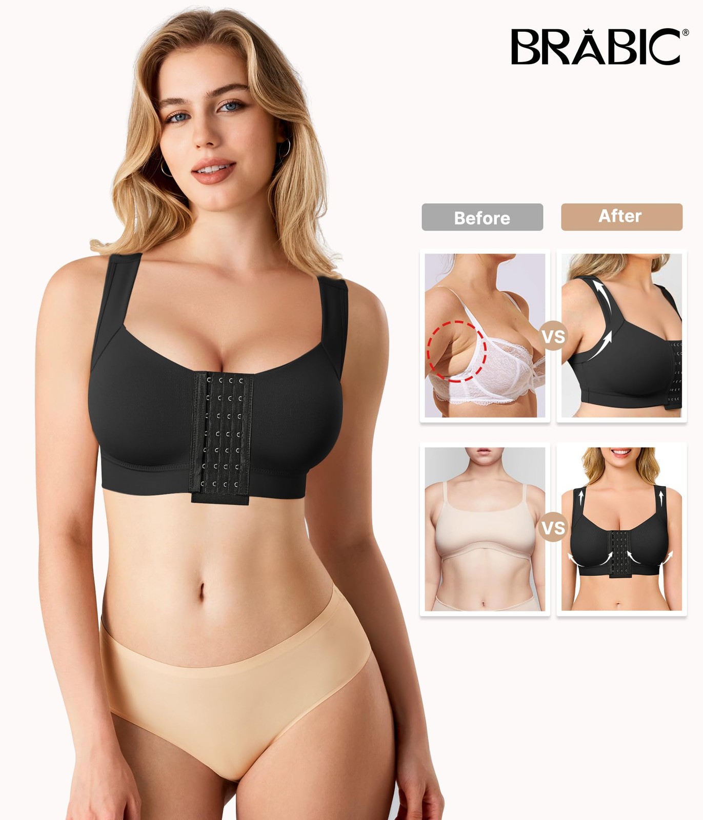 BRABIC Front Closure Post Surgery Compression Bras for Women Surgical Black