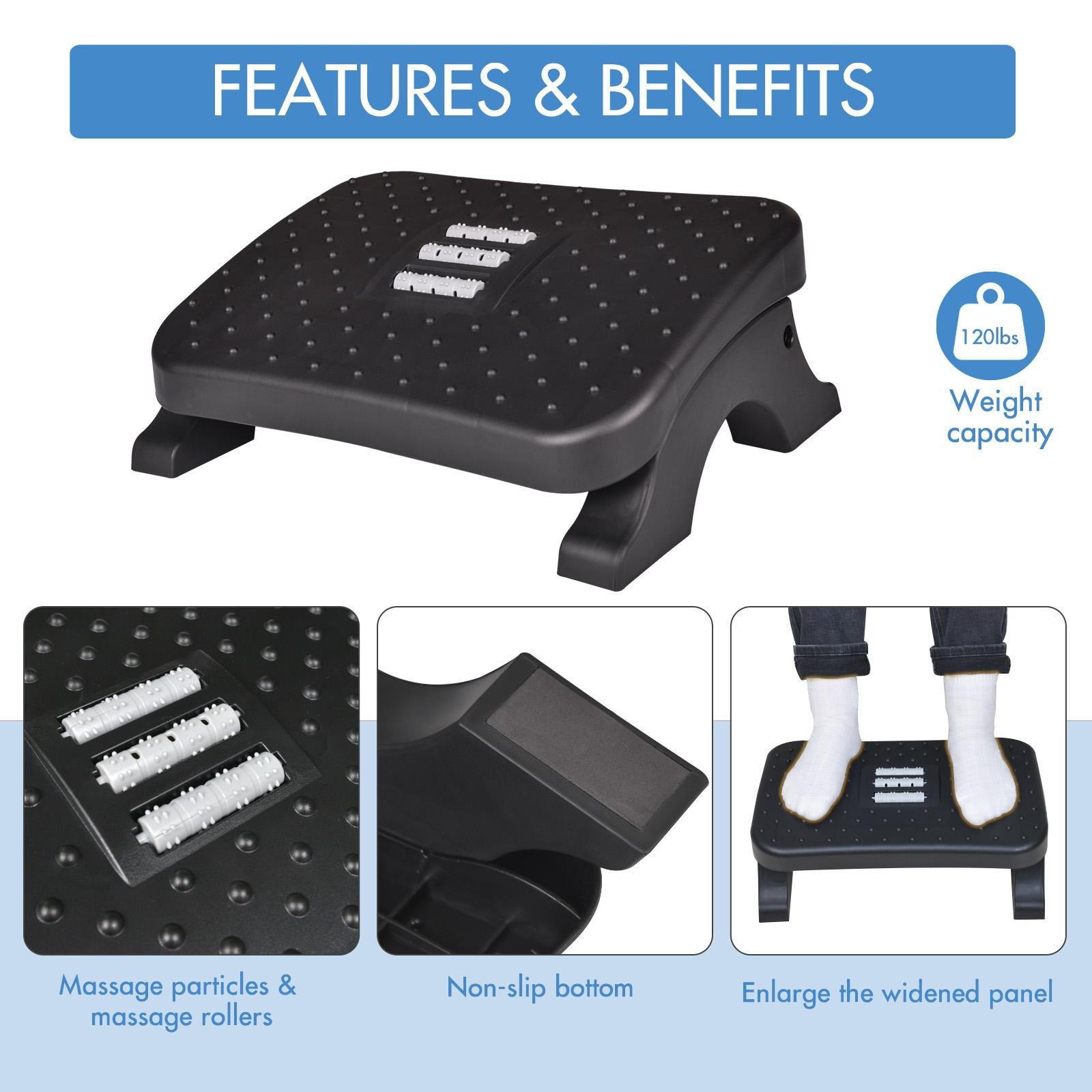 Ergonomic Under Desk Footrest Massage Rollers Leg Rest Pain Relief Non Slip Stoo