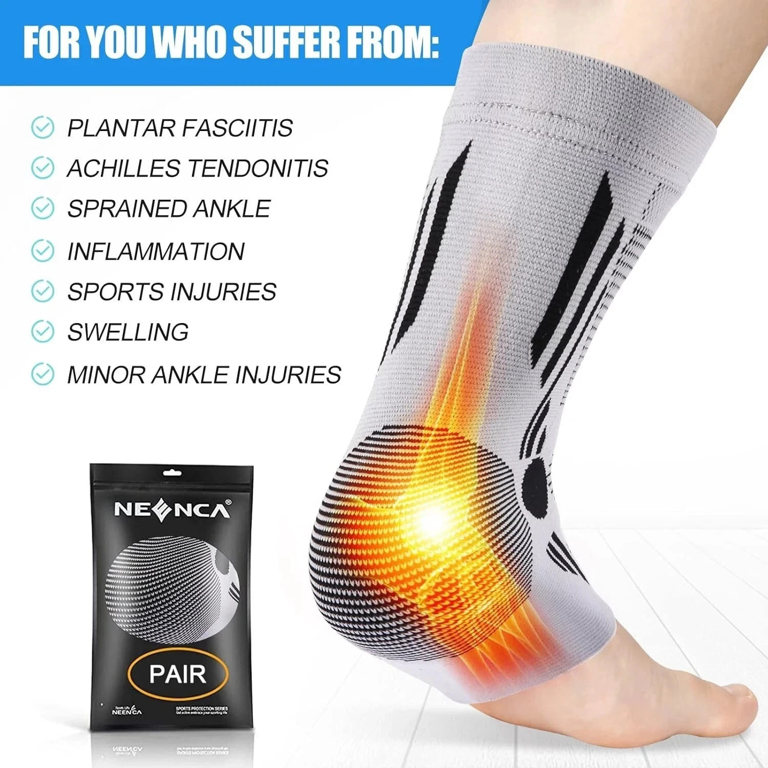 2 PACK – NEENCA Ankle Brace Compression Sleeves – Grey/Black – Small