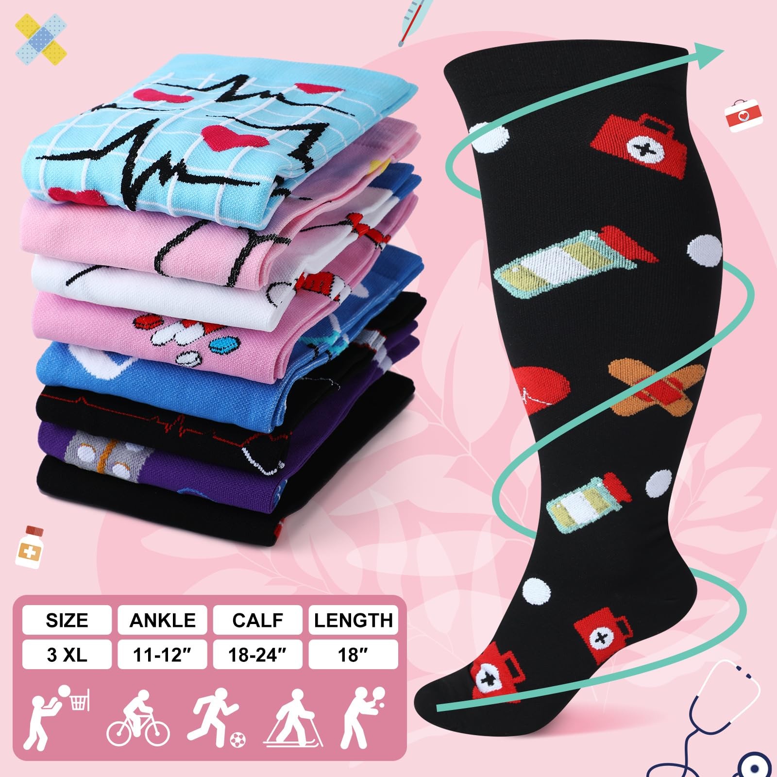 8 Pairs Nurse Compression Gift Socks 3XL Women Plus Size Nursing Compression …
