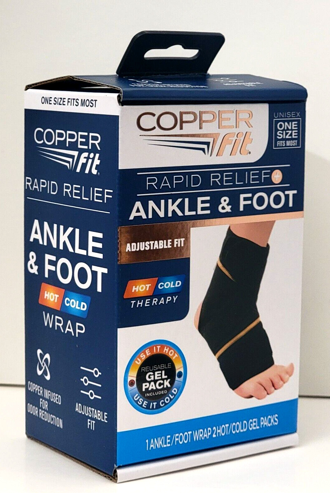 Copper Fit Rapid Relief Ankle & Foot Wrap with Hot/Cold Pack, Black, Gel pack