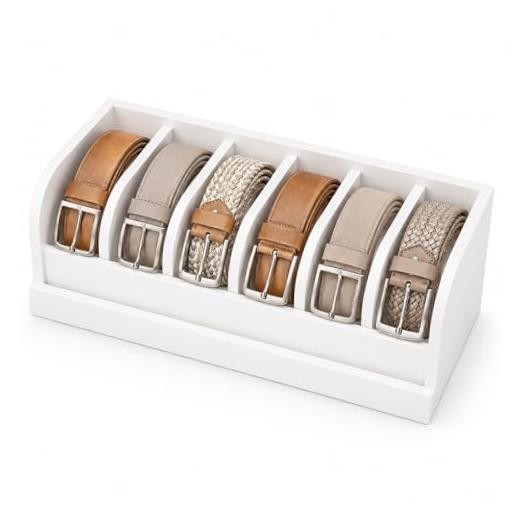 Bamboo Belt Rack, 6-Compartment Belt Organizer and Displayer for Closet White