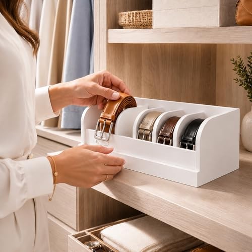 Bamboo Belt Rack, 6-Compartment Belt Organizer and Displayer for Closet White