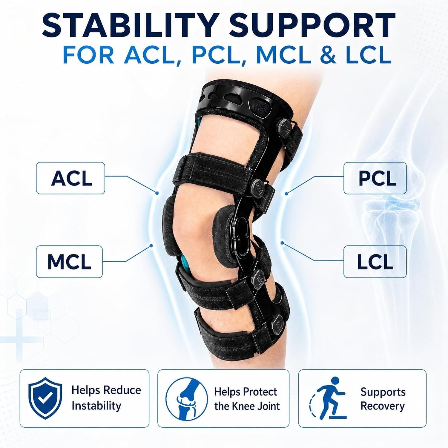 Functional Hinged Knee Brace with Adjustable ROM, ACL PCL MCL Support